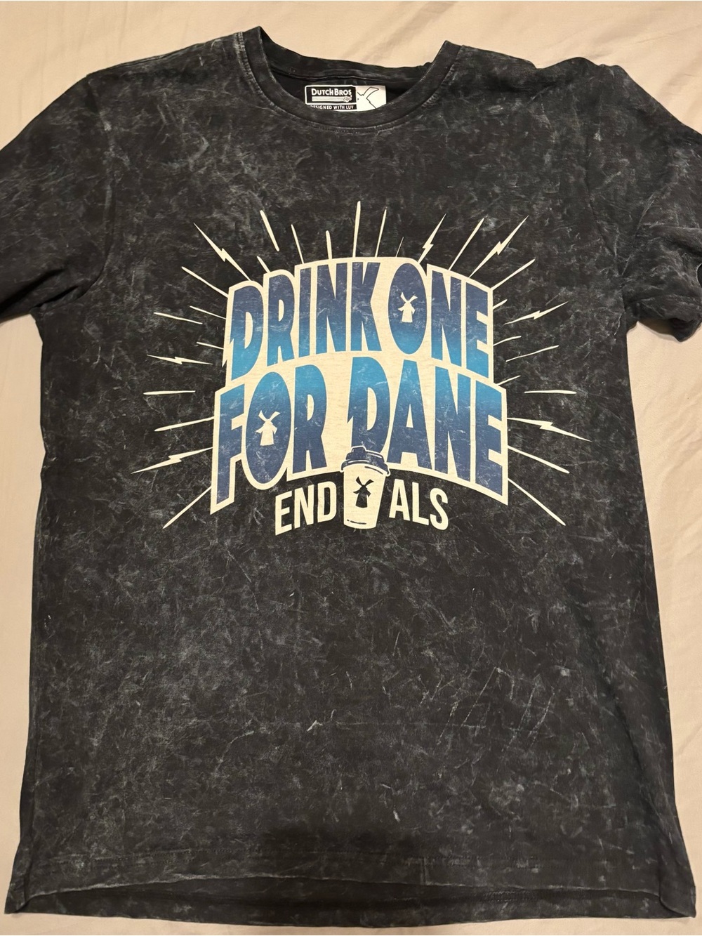 Dutch Bros Employee Black Acid-Wash Tee with Blue and White Graphic